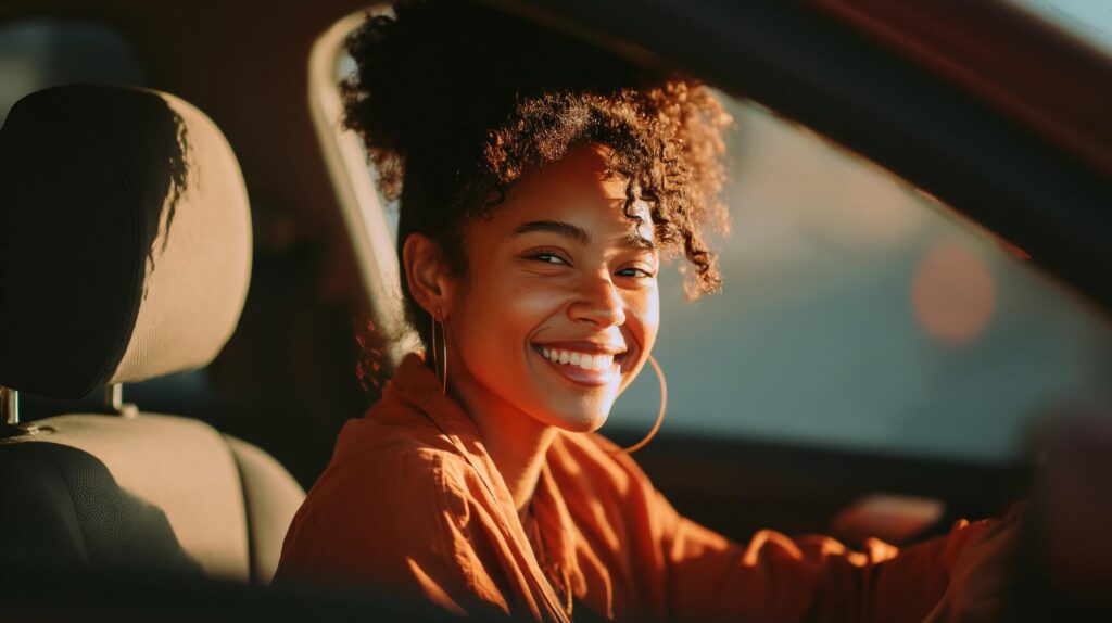 Une jeune femme rit dans la voiture d'Arval